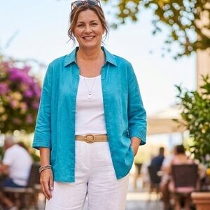 Women Laura Plus Blue 100% Linen Floral Embroidered Button Up Shirt Size 20